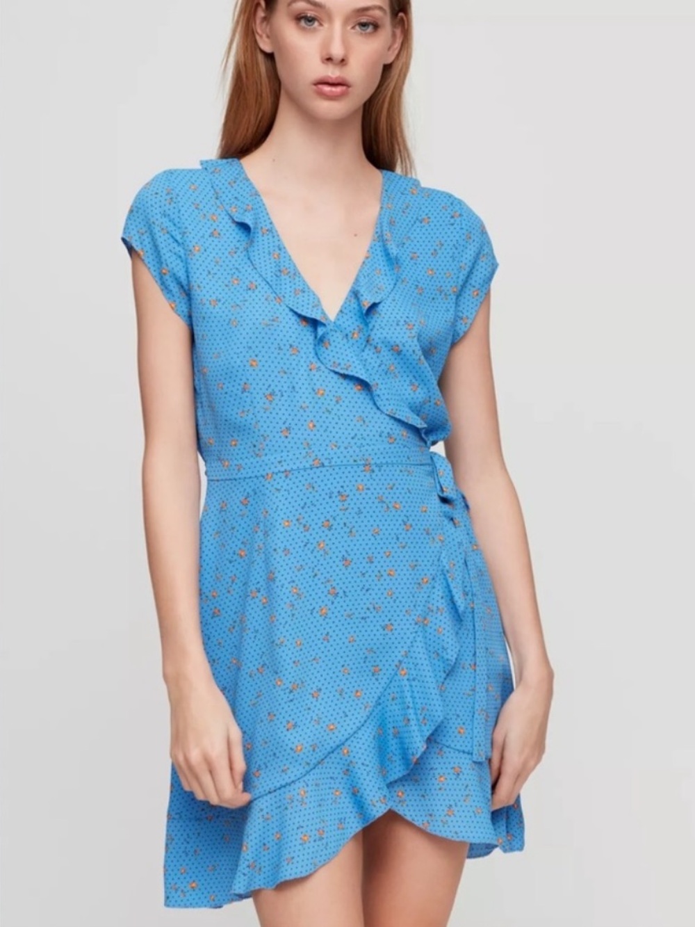 Sunday Best Savoy Blue Orange Floral Ruffle Wrap Mini Dress Womens 6